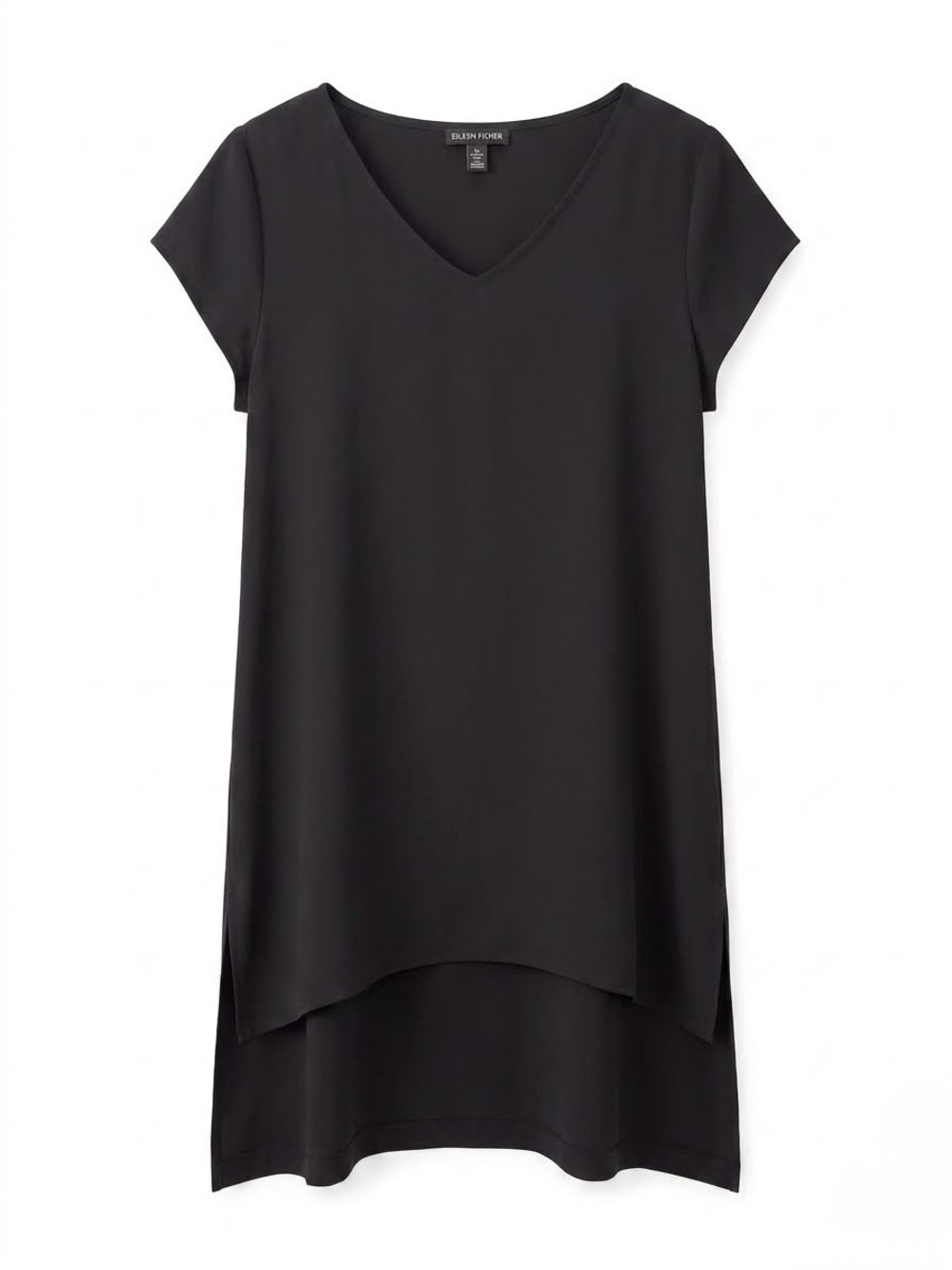 Eileen Fisher Black Silk Georgette V-Neck High-Low Tunic Dress M Minimalist